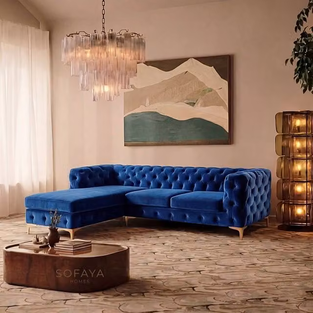 Sofaya Monaco Chesterfield 3 Seater L-Shaped Sofa in Blue Velvet with Left Hand Chaise – 1