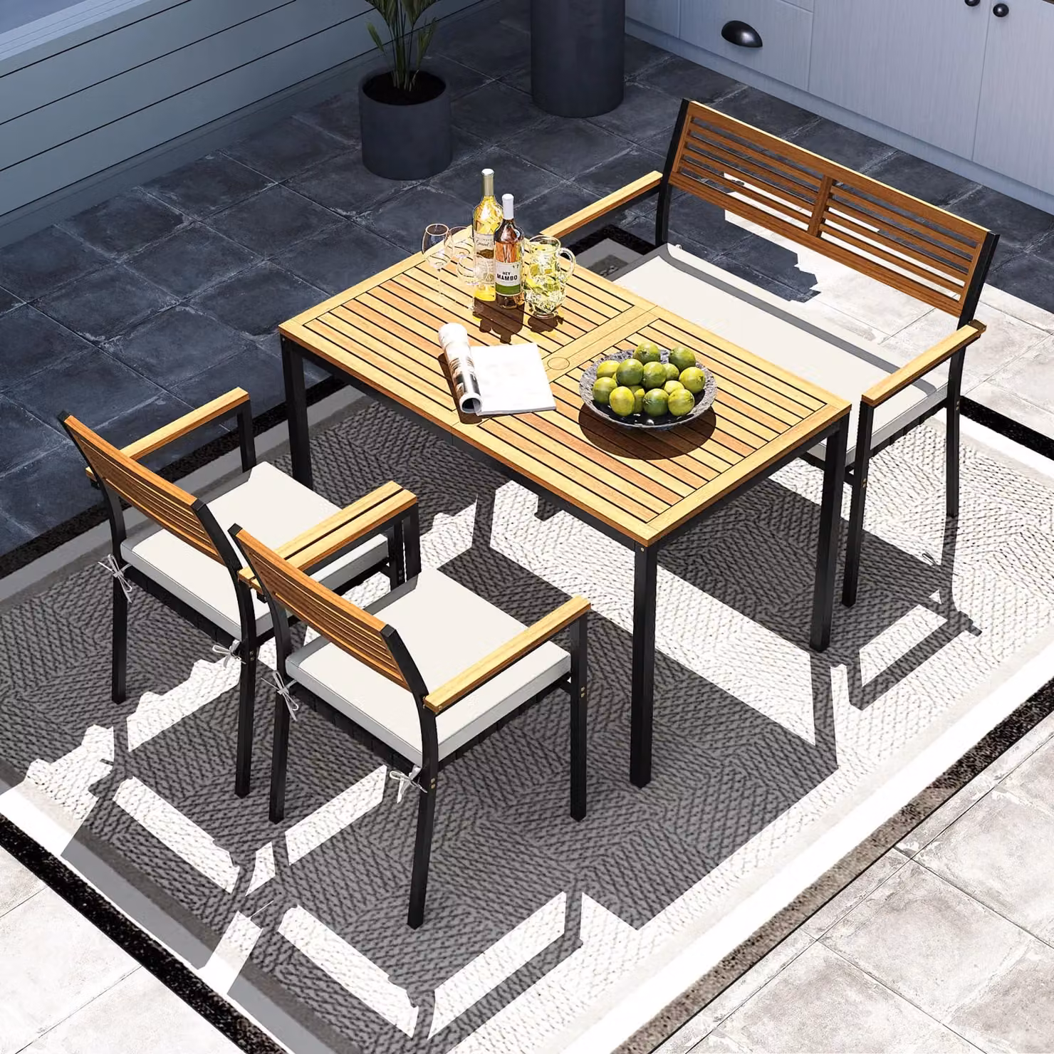 Gymax 4-Piece Modern Outdoor Patio Dining Set with White Metal and Oiled Acacia Wood – 3
