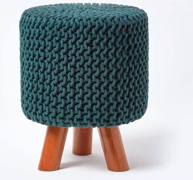 Homescapes Tall Cotton Knitted Footstool with Wood Frame in Green – 1