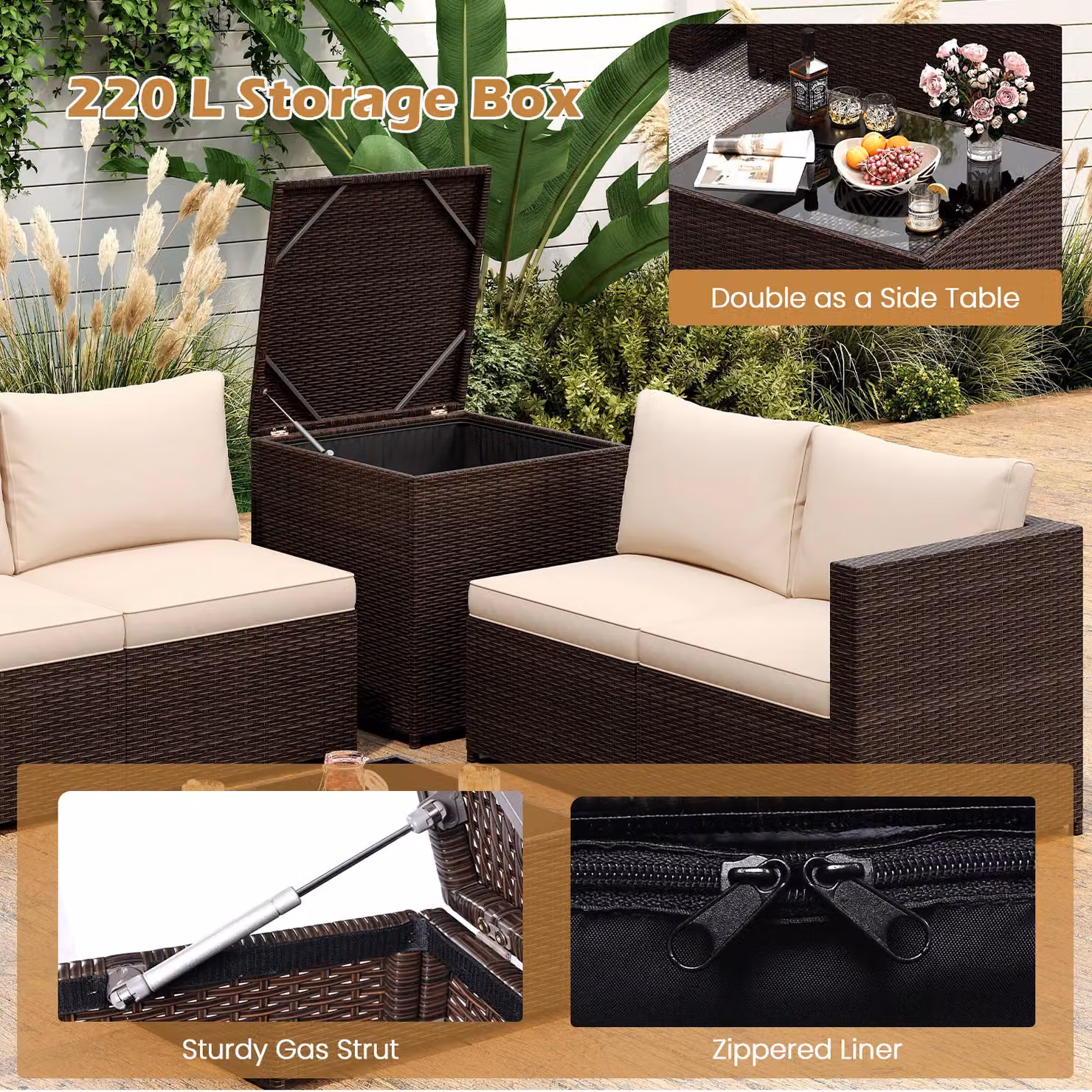 Gymax 8-Piece Brown and Beige Polyrattan L-Shape Sectional Sofa Set with Outdoor Coffee Table and Upholstered Cushions – 7