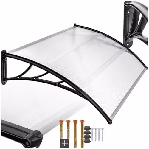 tectake Front Door Canopy with Translucent Polycarbonate Panels and Arched Side Struts, Black, W: 150 cm, H: 93 cm