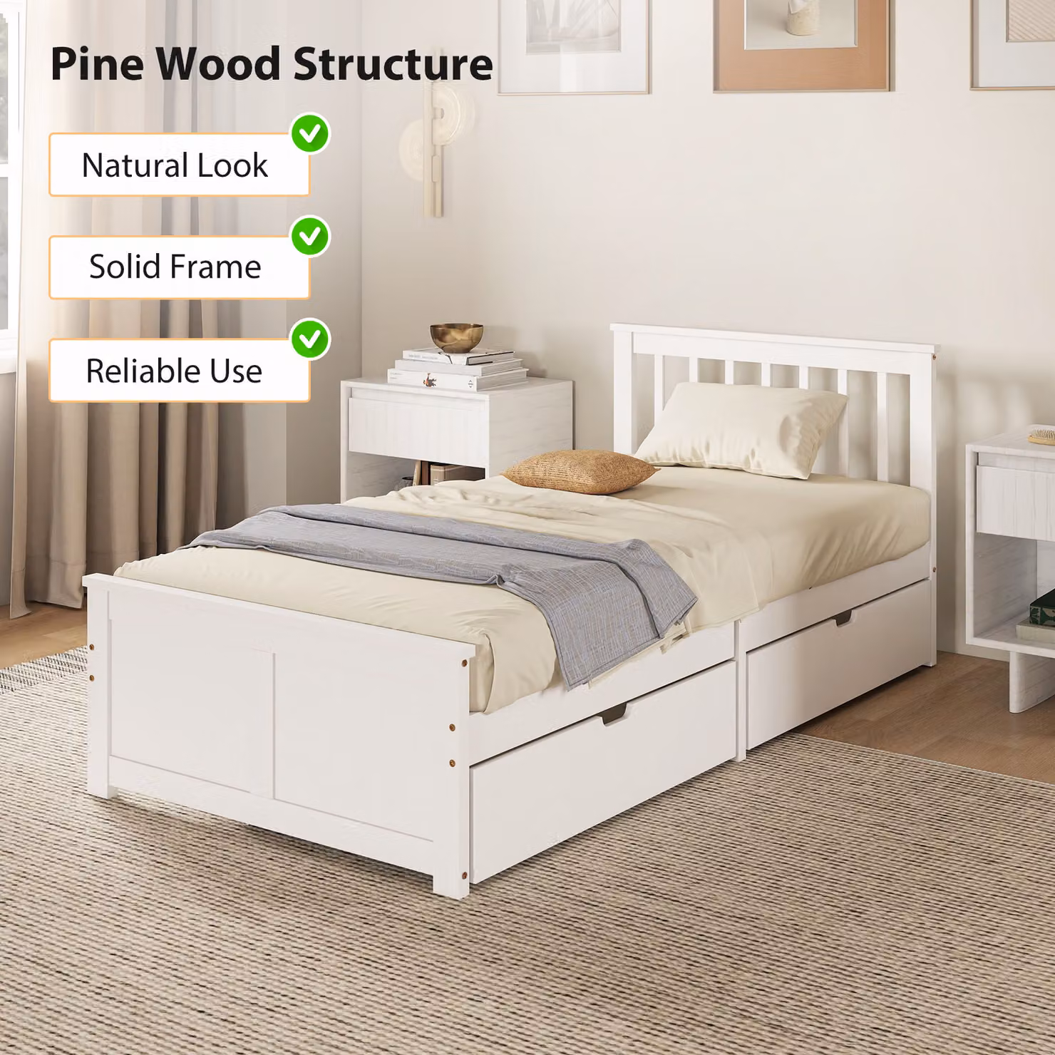 HOMCOM White Solid Wood Single Bed Frame with Drawers, 90 x 190 cm – 2