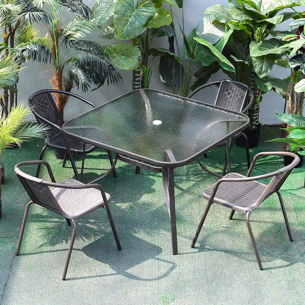 Living and Home 4-Seater Outdoor Garden Dining Bistro Set in Black Rattan and Metal – 4