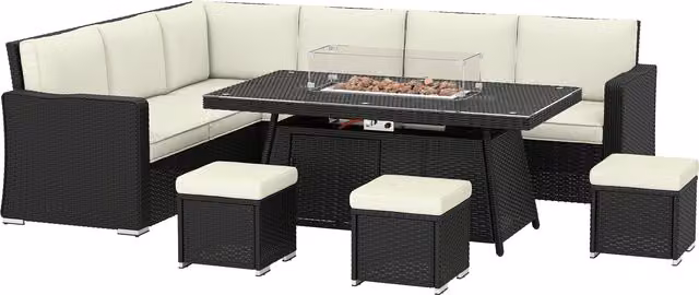Outsunny 7 Piece PE Rattan Garden Furniture Set with 50,000 BTU Gas Fire Pit Table, Double Corner Sofa and 3 Footstools – 1