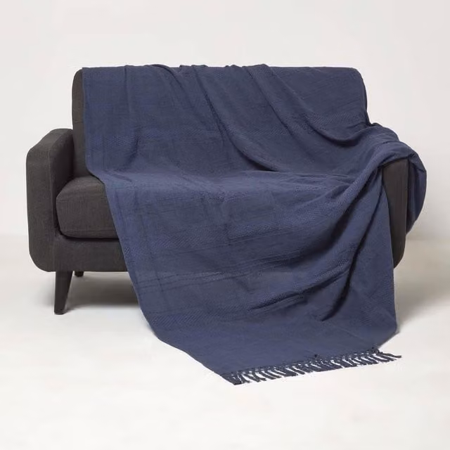 Homescapes Kashi Woven Cotton Throw with Fringes in Blue, 255 cm