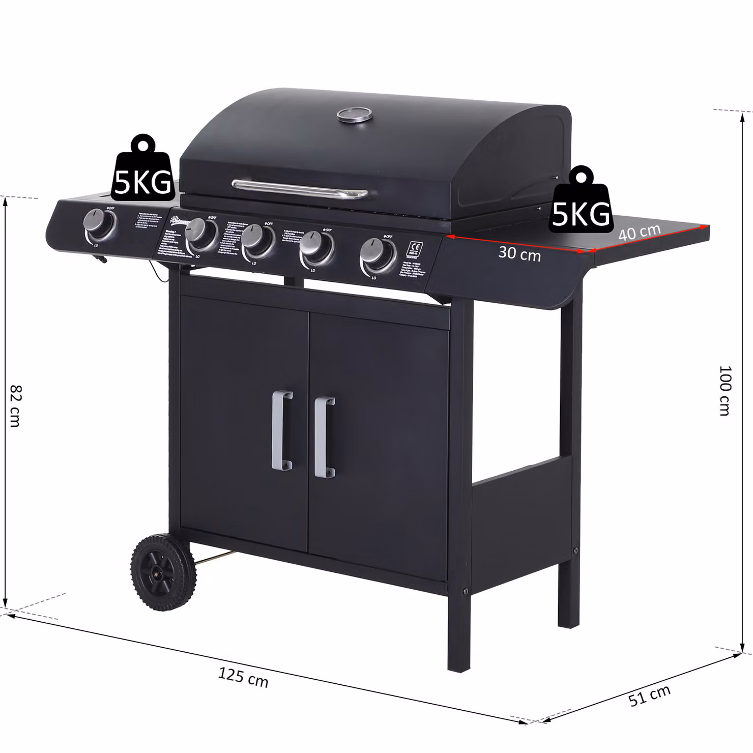 Outsunny 4+1 Gas Burner BBQ Trolley with Side Burner, Smoker, and Storage Side Table in Black – 3