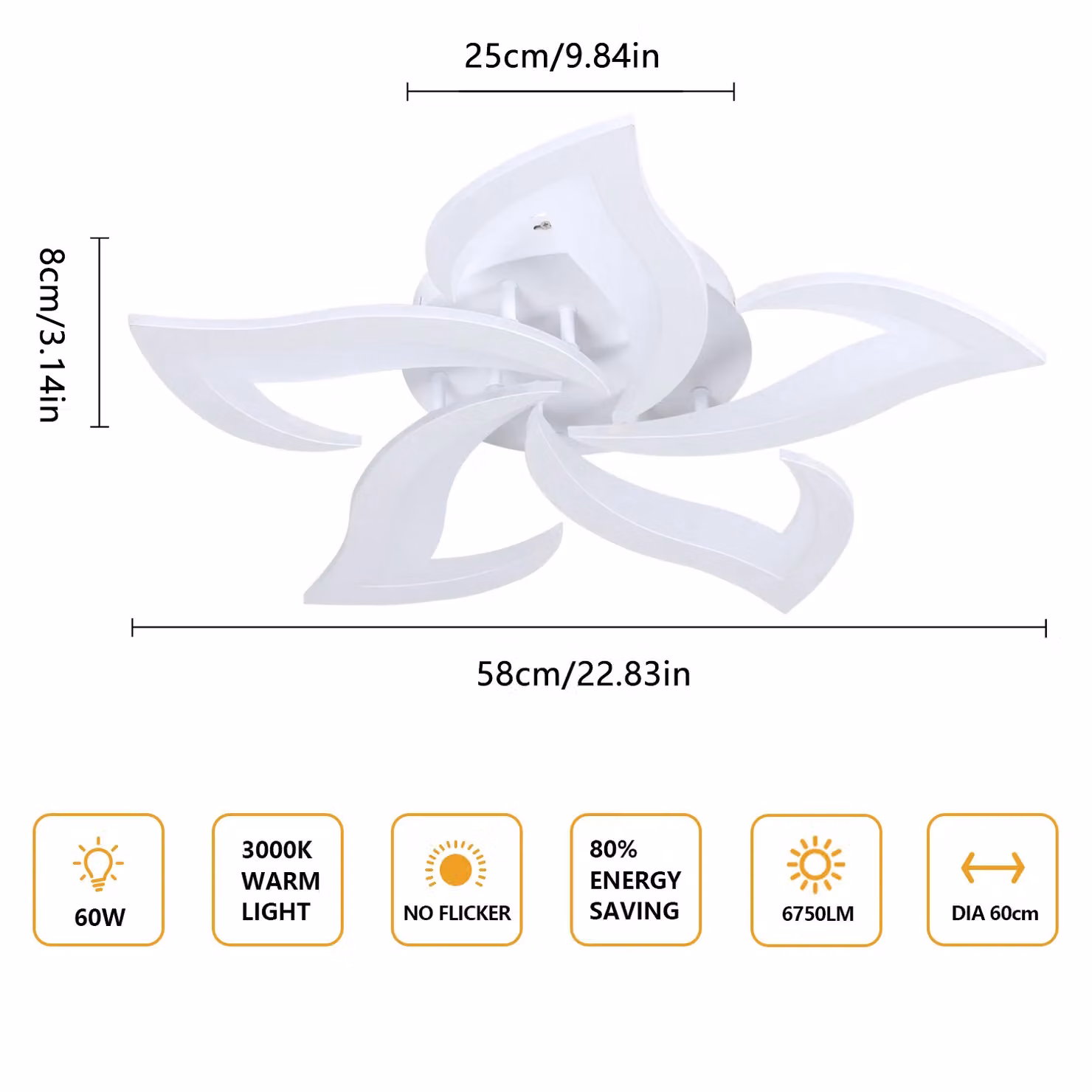 Pheashine Modern White 5-Petal LED Ceiling Light, 60W, 3000K Warm White, W/D/H: 58 x 58 x 8 cm – 2