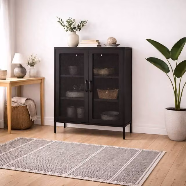 Wyld Haus Patak Black Metal Mesh Industrial Cabinet with 2 Hinged Doors and 2 Internal Shelves – 1