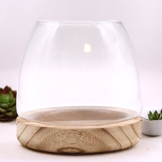 KDMK Round Natural Tung Wood and Glass Tabletop Terrarium for Miniature Ecosystems, Brown