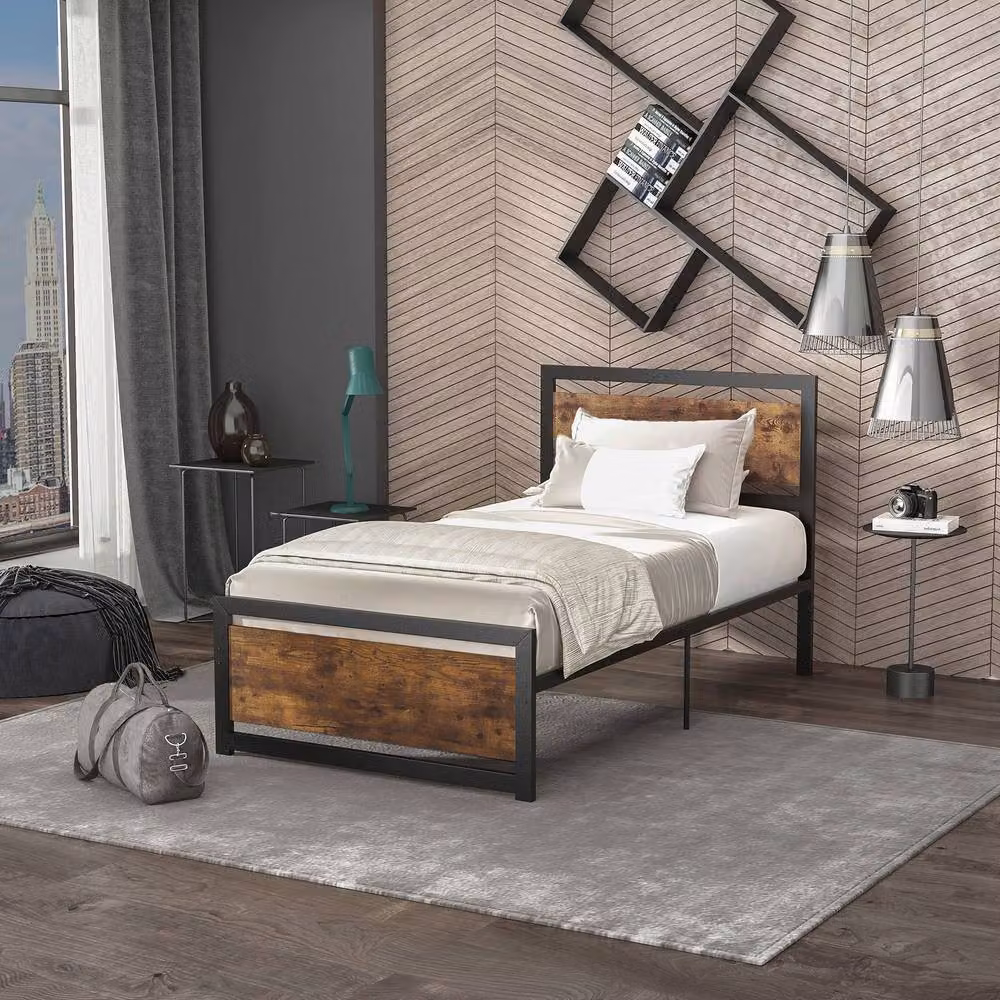 ERGOVEXA Single Metal Bed Frame with Headboard in Black and Brown, W/D/H: 90 x 190 x 103 cm – 4