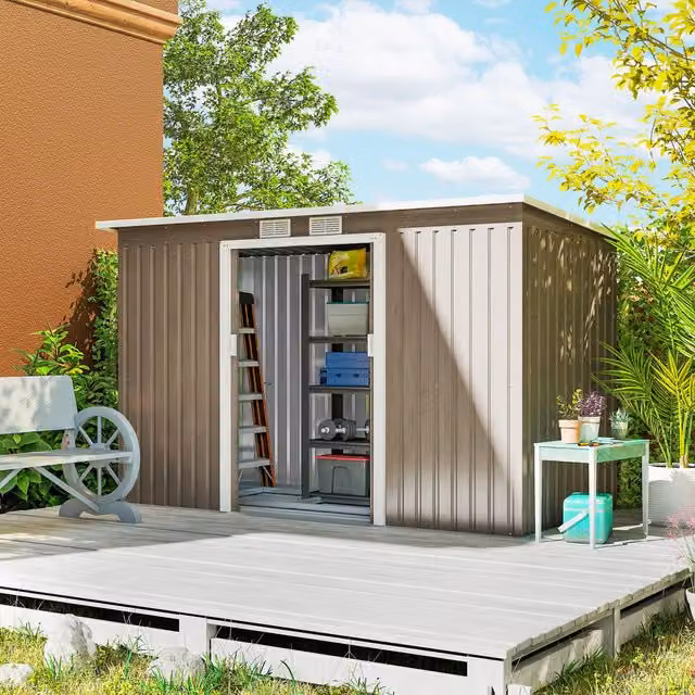 OUTSUNNY Metal Garden Storage Shed with 2 Doors and Window, Light Grey Wood Grain