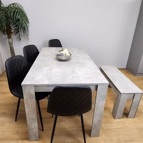 KOSY KOALA Modern 6 Seater Dining Set with Table, 4 Black Faux Leather Chairs and 1 Bench in Grey and Black – 4