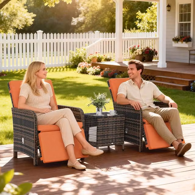 Outsunny 3 Piece Modern Rattan Bistro Set with Adjustable Backrest in Orange