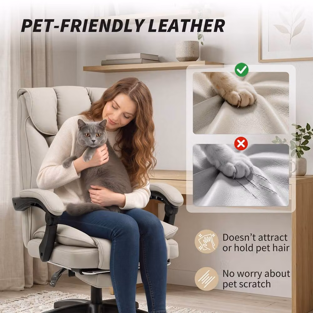 HOMCOM Pet-Friendly Synthetic Leather Recliner Computer Chair with Footrest and Headrest in Beige – 4