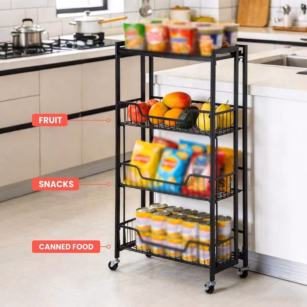 VOGREX 4 Tier Foldable Kitchen Trolley on Wheels in Matt Black – 4