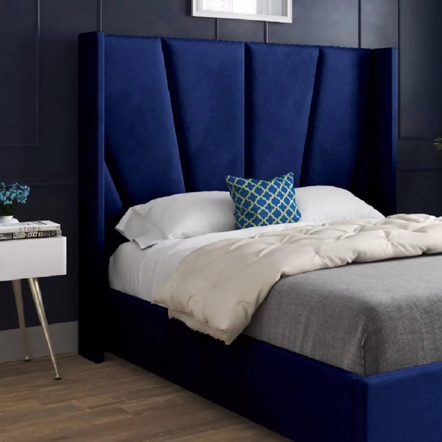 KDMD Bellini Wide Curved Winged Upholstered Soft Velvet Blue Bed Frame, Size: King (180 x 200 cm) – 2