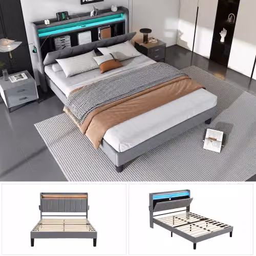 Matteo Grey Velvet Upholstered Double Bed with Under-Bed LED Lighting and USB Charging Ports, W: 135 cm, L: 190 cm – 5