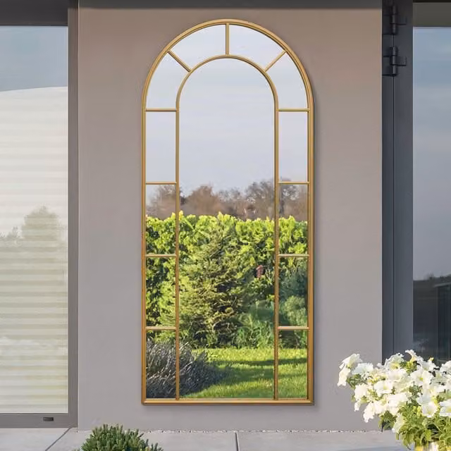 MirrorOutlet Arcus Window Framed Arch Leaner Garden Wall Mirror in Gold, Height: 190 cm