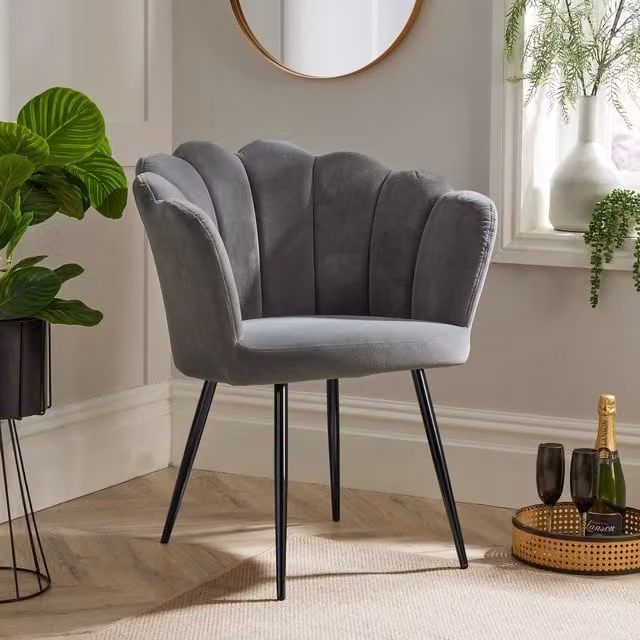 Home Source Scallop Shell Wing Back Armchair in Grey Boucle Fabric with Gold Legs