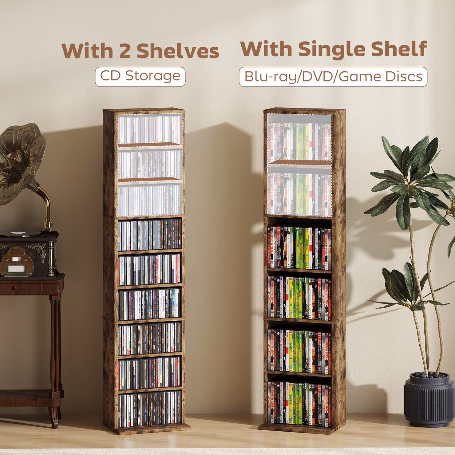 HOMCOM Narrow Wall Mounted CD Storage Unit with Adjustable Shelves and Media Compartments in Rustic Brown – 7