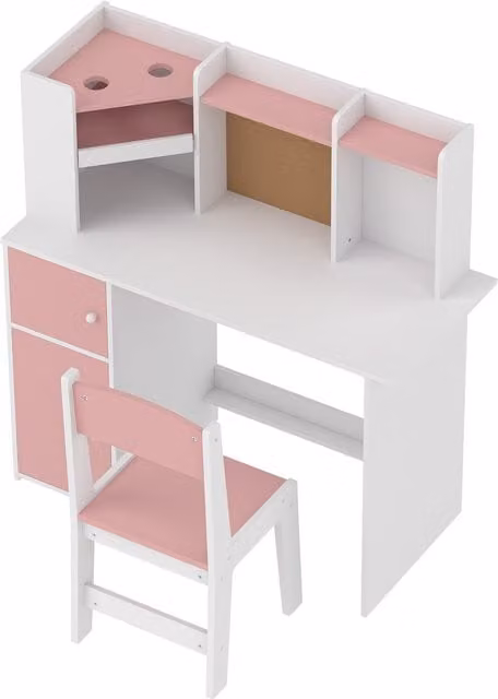 AIYAPLAY Kids Desk and Chair Set with Storage Shelves, Adjustable Tablet Stand and Cork Board, Pink and White