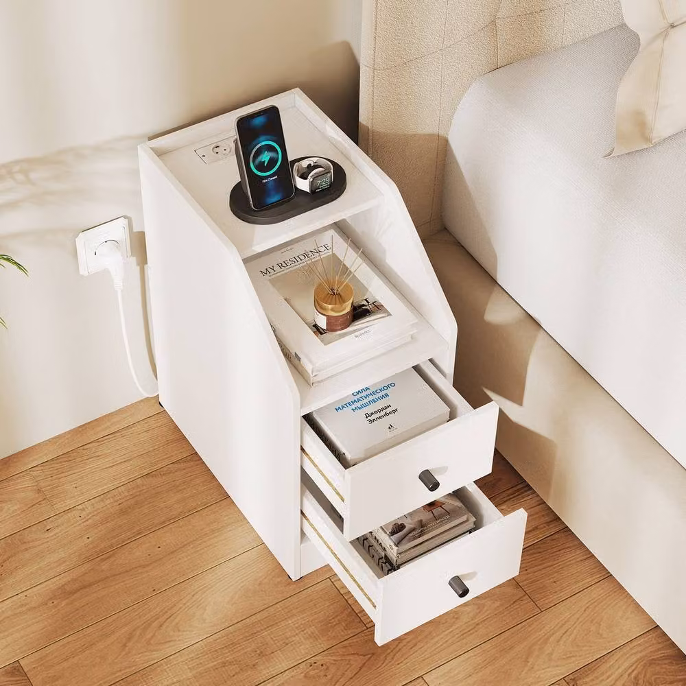 Gymax White Side Table with Charging Station and Storage Drawers – 2