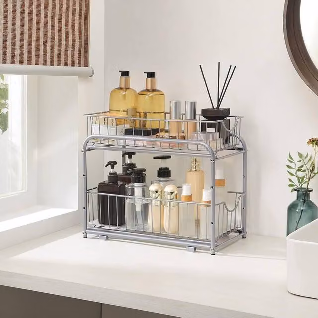 The Bazaarist 2 Tier Under Sink Cabinet Organizer with Sliding Metal Drawers, Silver