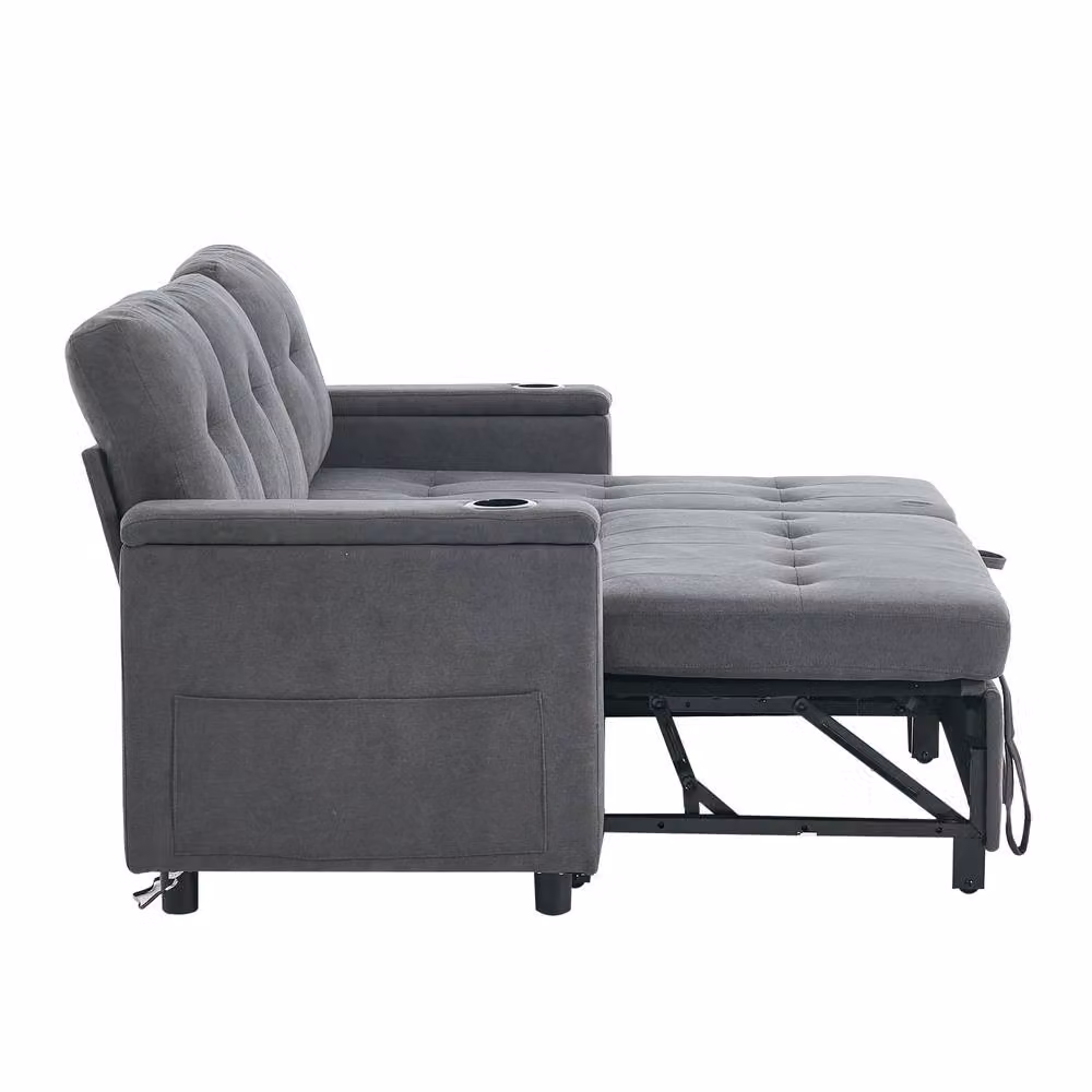 Tokpiedi 3-Seater L-Shaped Corner Sofa Bed with LED Lighting and Storage in Dark Grey Fabric – 5