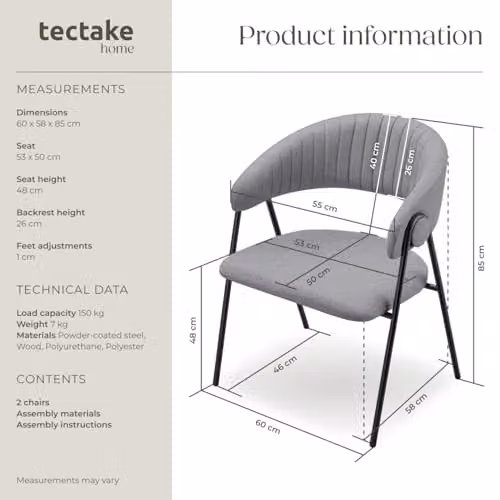 tectake Bedano Set of 2 Dining Chairs in Grey with Fabric Upholstery and Metal Legs – 3