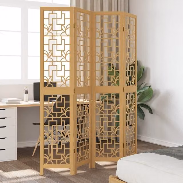 Berkfield Home 4-Panel Room Divider in Brown Solid Paulownia Wood