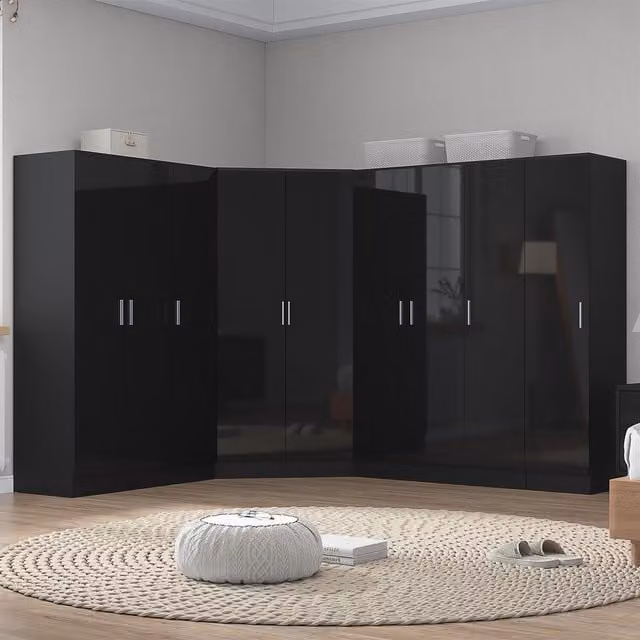 REFLECT Wardrobe Bundle featuring Corner, two 3-Door and one 1-Door Unit in Black Gloss and Matt Black