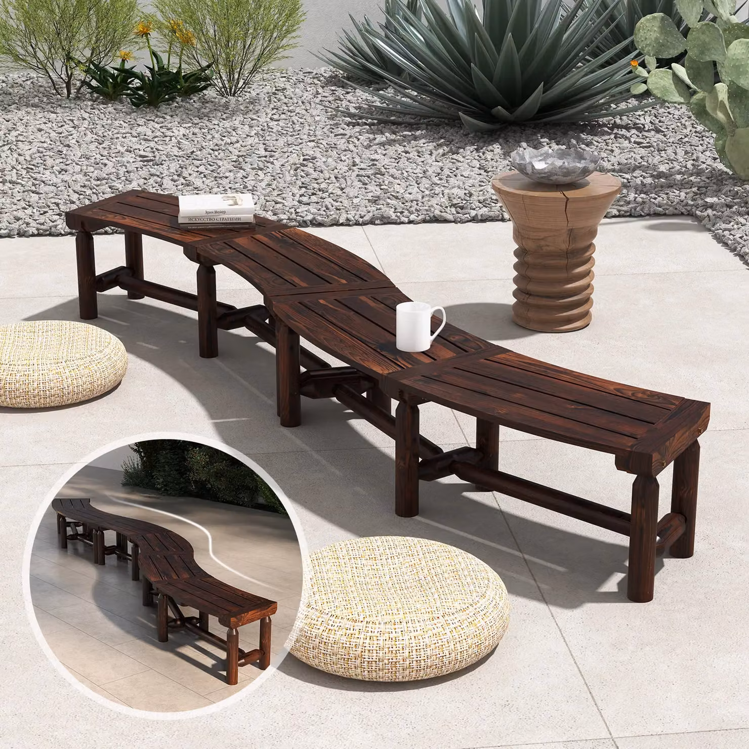 Costway Carbonised Pine Wood Curved Garden Bench in Brown – 3
