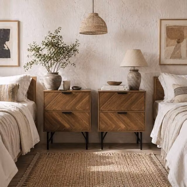 Wyld Haus Vira Set of 2 Bedside Tables in Walnut Brown with Chevron Herringbone Pattern