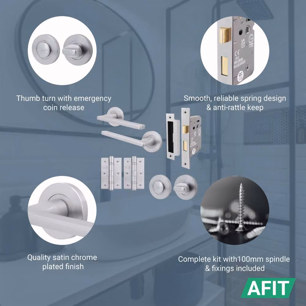 AFIT Satin Chrome Bathroom Door Handle and Rosette Set with Latch Lock, 2 Pack, Silver – 2