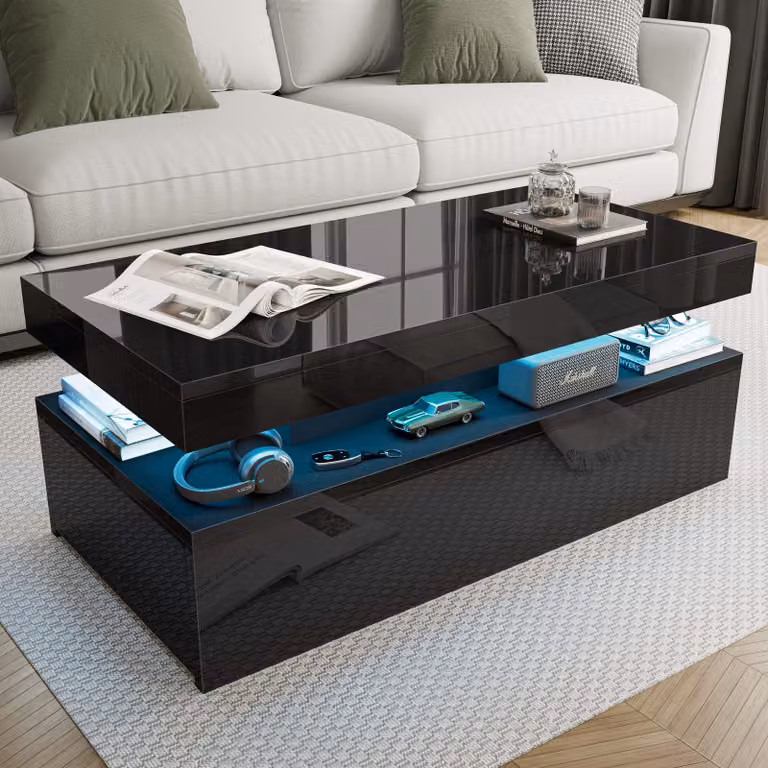 DHS Black High Gloss Storage Coffee Table with Drawers and LED Lights W/D/H: 94 x 47 x 38 cm