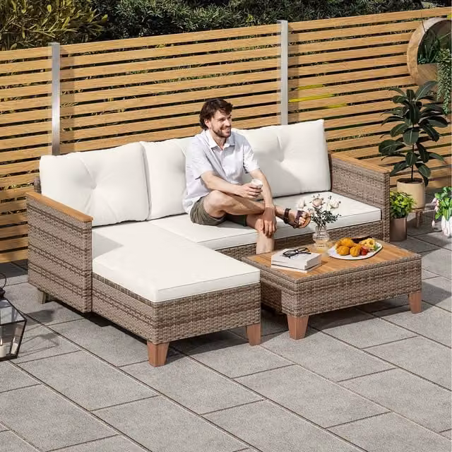 Outsunny 3 Piece L Shaped Modern Rattan Garden Furniture Set with Acacia Wood in Beige and White