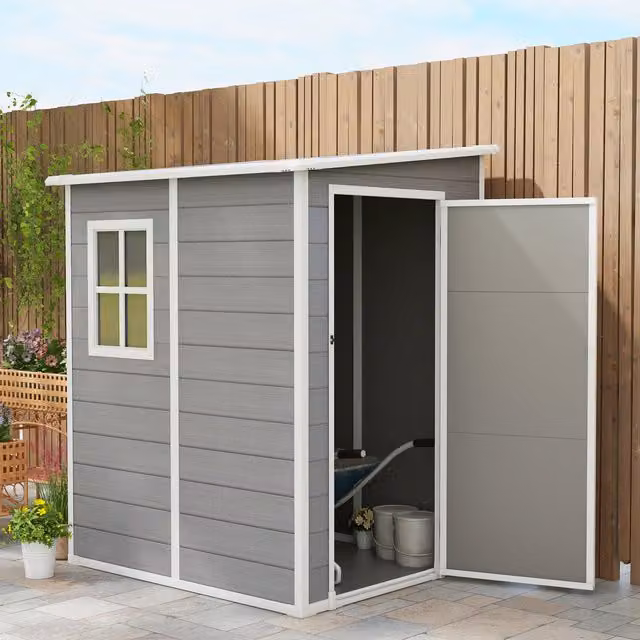 Outsunny Grey Plastic Lean-to Pent Garden Shed with Window and Lock