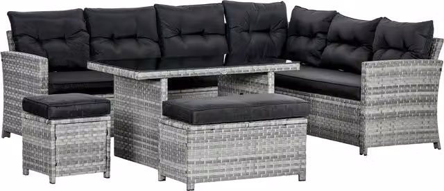 Outsunny 5-Piece L-Shape Rattan Patio Furniture Set in Grey with 3-Seater Sofa, Ottoman, Coffee Table and Cushions – 1