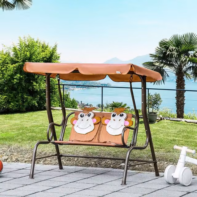 Outsunny 2-Seat Swing Chair with Sun Canopy in Brown Animal Print
