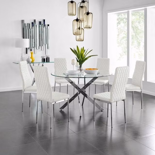 FurnitureboxUK Novara Round Glass Dining Table with 6 Milan Chairs Set, Chrome and White