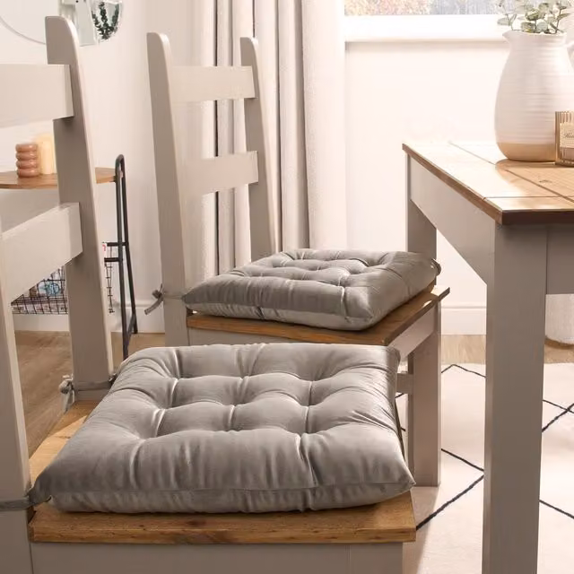 OHS Pack of 2 Silver Matte Velvet Quilted Square Dining Chair Seat Pads with Removable Covers