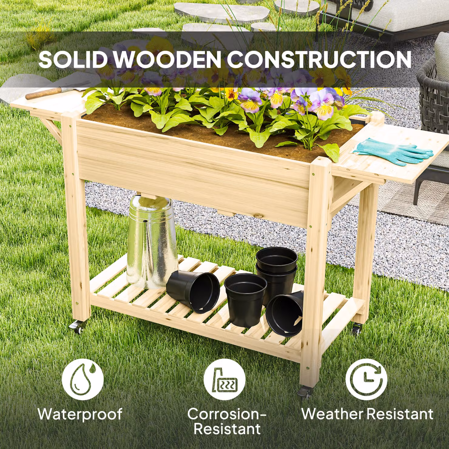 Outsunny Wooden Raised Garden Bed with Lockable Wheels, Side Tables and Bottom Shelf, Brown – 7