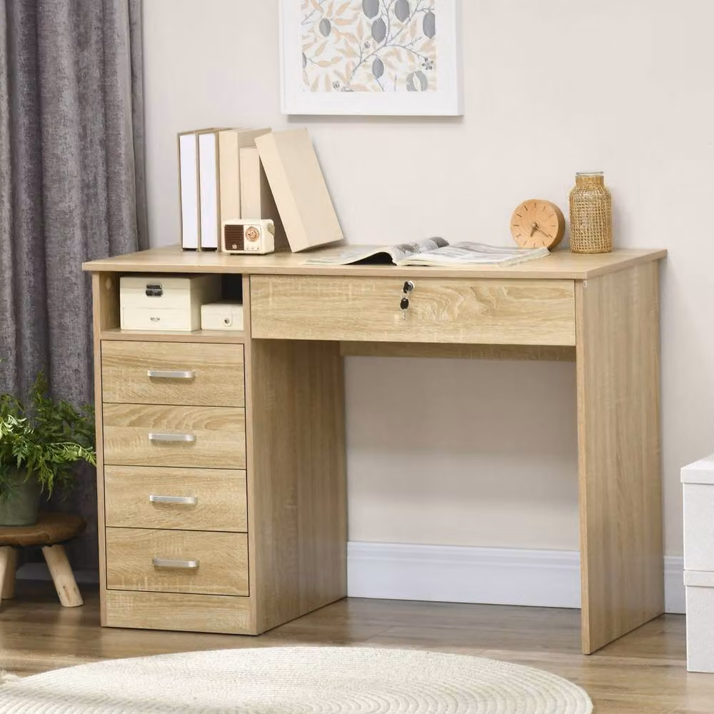 Wyld Haus Yodino Computer Desk in Brown Oak Finish with 5 Drawers and Side Shelving, W/D/H: 110 x 50 x 76 cm – 3