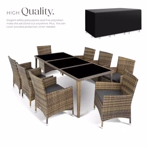 tectake Garden Dining Set with Aluminium Frame, Glass Top Table and 8 Chairs including Removable Cushions and Weather Cover, Natural – 3