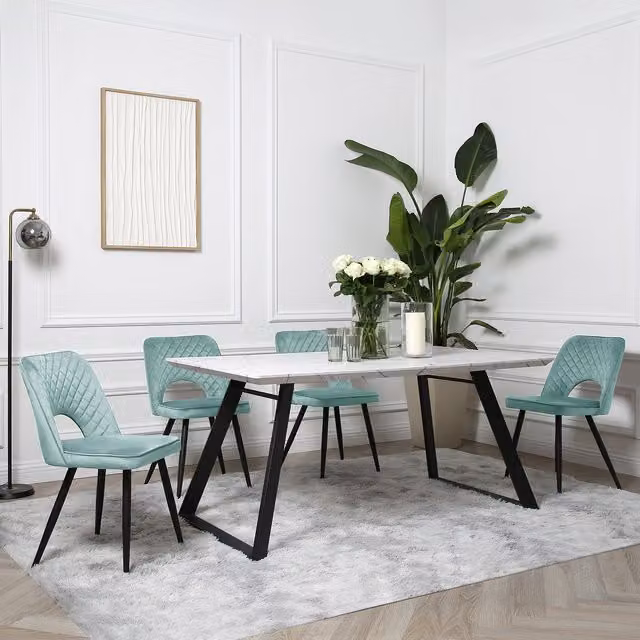 Home Garden Direct Venice Modern Rectangular Marble-Effect Dining Set with 4 Petrol Chairs