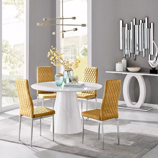 FurnitureboxUK Palma White High Gloss Round Dining Table and 4 Mustard Velvet Milan Chairs