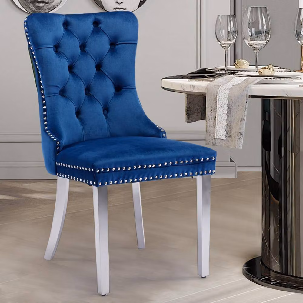 HomeTouch Set of 2 Luxie Velvet Dining Chairs with Silver Metal Legs in Blue – 8