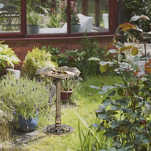 Outsunny Bronze Tone Bird Bath with Lotus Leaf Plastic Basin for Your Garden