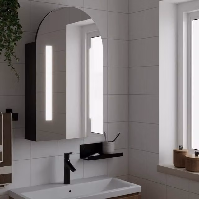Berkfield Home Arched Bathroom Mirror Cabinet with LED Light, Black, W: 42 cm, D: 13 cm, H: 70 cm