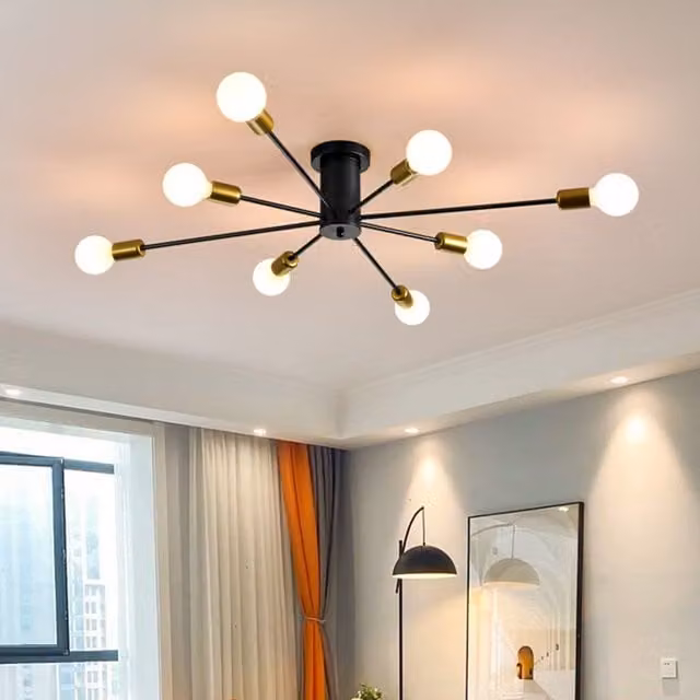 Garwarm 8 Lights Semi Flush Mount Industrial Pendant Light in Black and Gold/Brass